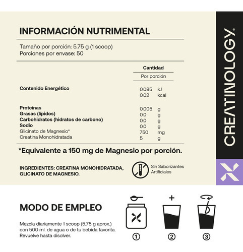 Imagen 4 de 6 de Creatina Monohidratada Polvo Creatinology Magnesio 287g Sabor Neutro