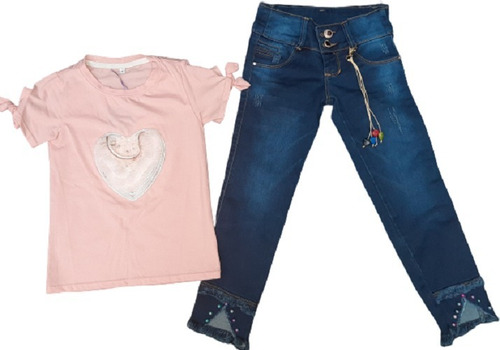 Conjunto Jean, Blusa Con Aplique Corazon Niña