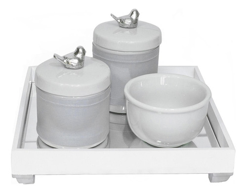 Kit Higiene Espelhado Porcelanas Molhadeira Passarinho Prata