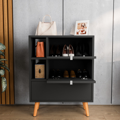 Buffet Aparador 3 Portas Basculante Retro Preto Pés De PVC 85cm X 65cm X 33cm Jm3 Móveis