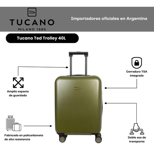Valija De Cabina Carry On Tucano Ted 40l Rígida Cierre Tsa Verde Lisa