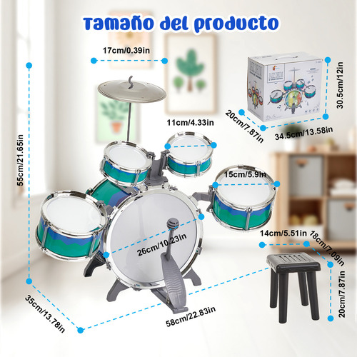 Batería Musical de Juguete Rovtop Toddler Drum Set Azul, Batería Niños Banco Baquetas Platillo Bombo Musicales Toygagade, 5 Tambor