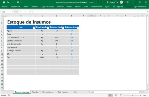 Imagem 4 de 5 de Planilha Excel Controle De Estoque , Receitas E Ingredientes