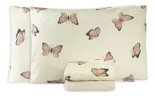 Jogo de lençóis Marina Enxovais Essencialle cor bege com desenho borboletas fios 150 para colchão de 188cm x 138cm x 30cm
