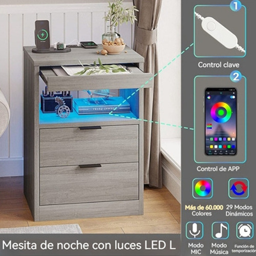 Mesa Buro De Noche Mesita Gris Con 2cajones Y Led 40*35*60cm Gris