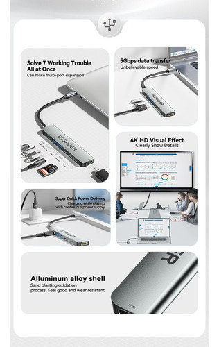 Hub Dock Station Essager 7x1 Hdmi 4k USB-C Usb 3.2 Pd 60 W