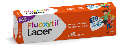 Fluoxytil Lacer, Gel Dental Infantil con Flúor y Calcio, Previene Caries y Protege Encías, Sabor Fresa, 75 ml