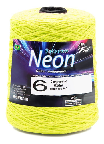 Barbante Neon Fial N.06 Com 500g 536mts Crochê Artesanato Cor 15- Amarelo Neon