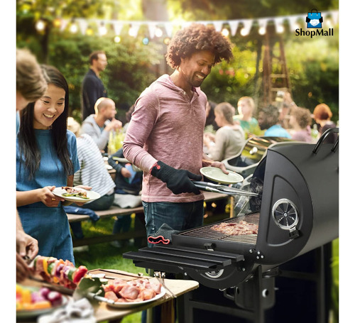 Asador Tipo Barril De Carbón Con Gran Área De Cocción Móvil Color Negro