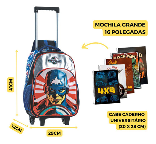 Kit Mochila Rodinha Lancheira Estojo Herói Estrela Meninos Cor Cinza