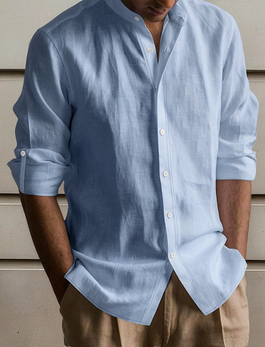 Camisa De Lino Transpirable Con Cuello Alto Y Manga Larga