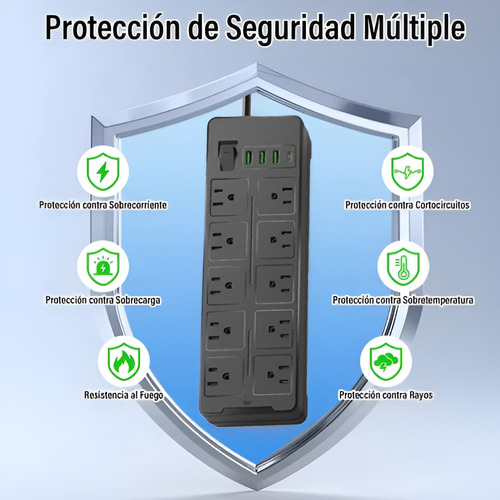 2 Multicontacto De 10 Tomas 2500w,10a Usb Cable De 2 Metros