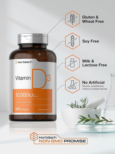 Vitamina D3 10,000iu Con 500 Softgels Horbaach Hecho En Usa Sabor Sin Sabor