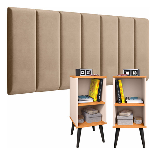 Conjunto Quarto 2 Mesa Criado Cabeceira Modulada Cama Box Casal 1.40 - Bege - Off White Com Cinamomo