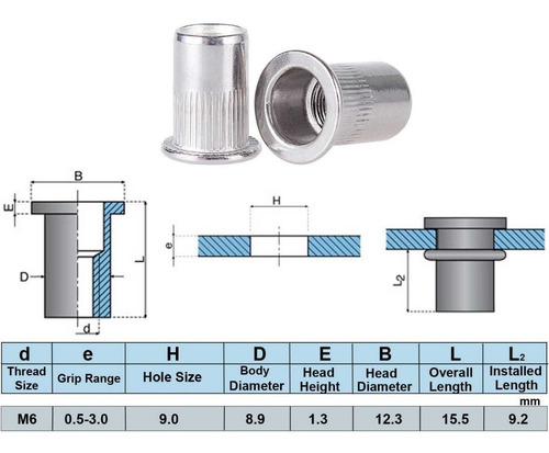 M6 Tuercas De Remachable De Acero Inoxidable 50 Unidades