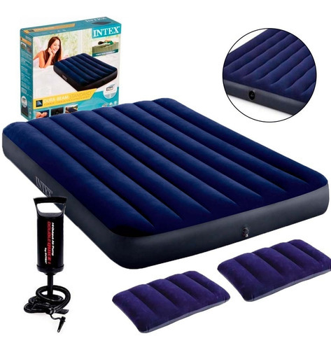 Colchon Inflable Campismo Bomba 2 Almohadas Queen Intex Color Azul