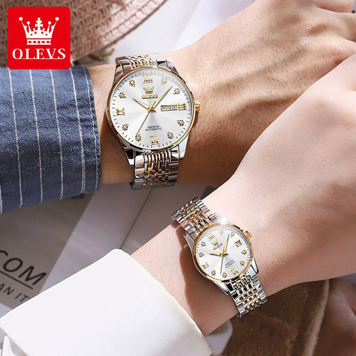 Relojes De Pareja Impermeables Con Calendario, 2 Unidades, D Color De La Correa Plata/dorado