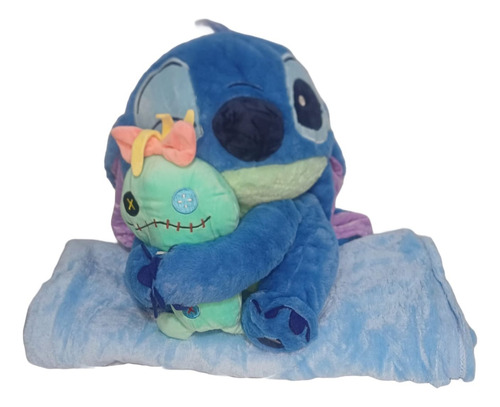 Peluche Stitch Mediano + Muñeca Trapos + Manta Plush 1 Plaza Azul