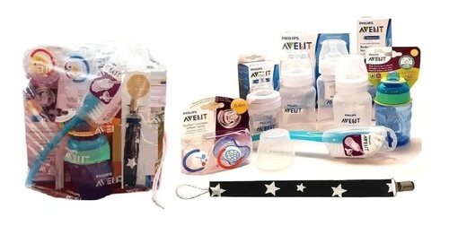 Set Recien Nacido Avent Classic ® 4 Mamaderas 2 Chupetes Clip Cepillo Vaso - Bag Pack Varon Cod569