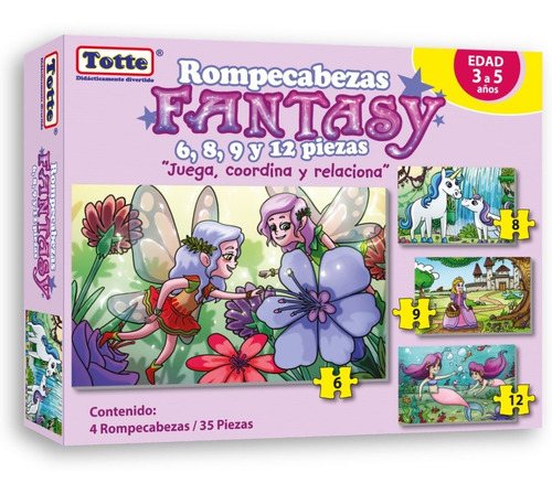 4 Rompecabezas En 1 Totte Fantasy | 6, 8, 9 Y 12 Piezas | Sirenitas, Hadas, Princesa y Unicornios