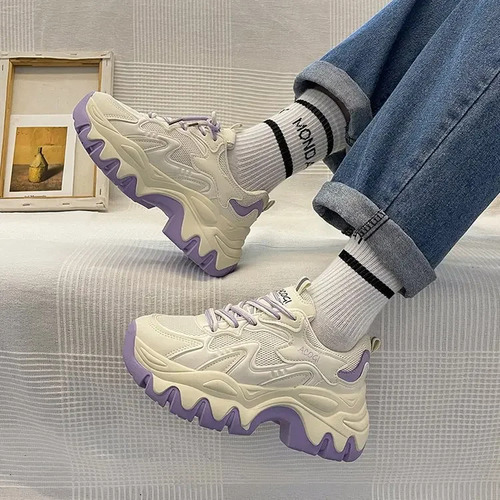 Zapatos Deportivos Casuales De Malla Transpirable Para Mujer, Suela Gruesa