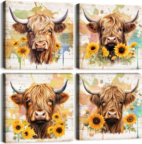 Highland Cow Wall Art Rústico Casa De Campo Girasol Lienzo C