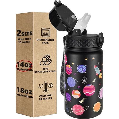 Fanhaw Kids Water Bottle With Straw Lid, 14 Oz Acero Byp7j