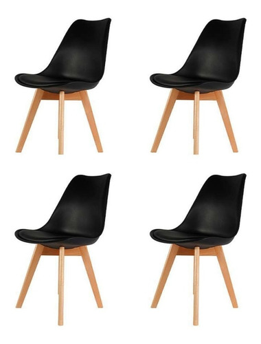 Silla Tulip Negra Set X4 Unidades Comedor Almohadón Premium