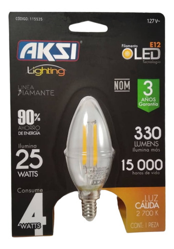 Bombillo Led Filamento Vela 4w E12 Luz Amarilla Aksi