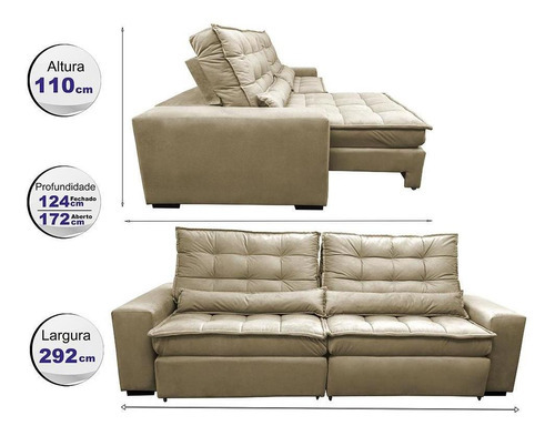 Sofá Retrátil e Reclinável com Molas Ensacadas Cama inBox Gold 2,92m Tecido Suede Velusoft Bege