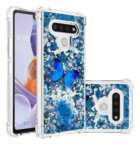 Funda Para LG Stylo 6, Blue Butterfly Liquid Glitter Fl D185