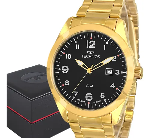 comprar Relógio Masculino Dourado Technos Ouro 18k Carteira Brinde