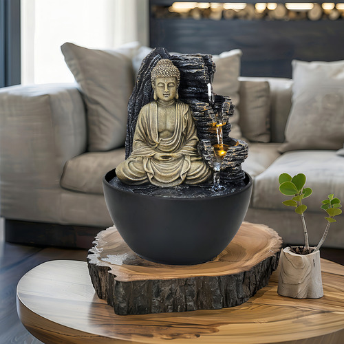 Fonte De Mesa Decorativa Buda Mudra Cósmico Com Led Cor Preto E Areia 127/220v