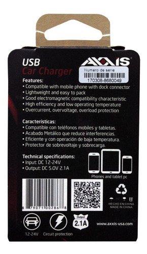 Imagen 5 de 7 de Cargador Para Carros Axxis Usb 2 Puertos 2.1 Ah Metal Rojo