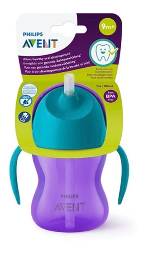 Vaso Avent + Popote 9m+ 200ml Plastico Antigote Morado/azul