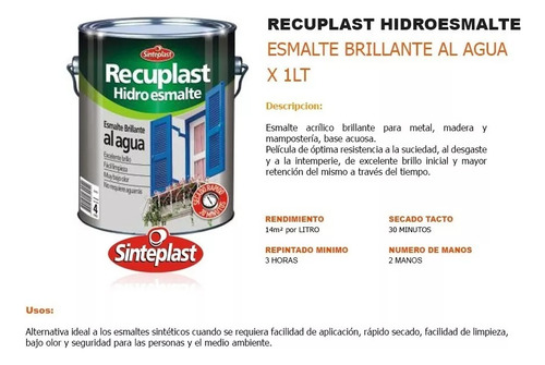 Hidroesmalte Al Agua Secado Rapido Brillante 1 Lts