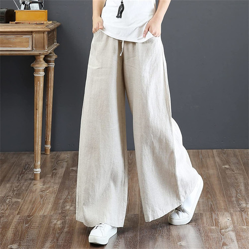 Pantalones De Verano Lino De Cintura Alta Algodón Para Mujer