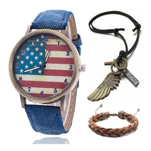 Relógio Bandeira Estados Unidos Jeans + Colar Asa + Pulseira