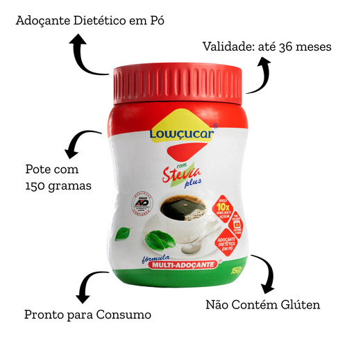 Kit Com 5 Adoçante Lowçucar Plus Com Stévia Em Pó Pote 150g