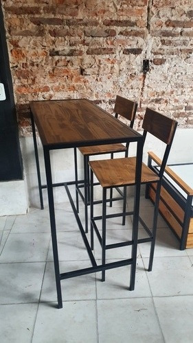 Mesa Barra Desayunador 120x50 + 2 Taburetes Hierro Y Madera