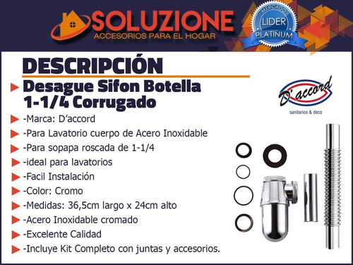 Imagen 6 de 10 de Kit Sifón/desagüe Click Clak Acero Inox D'accord Baño.