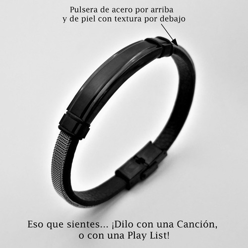 Imagen 3 de 7 de Pulsera Spotify Acero Piel Placa Negra Grabado Láser 1147