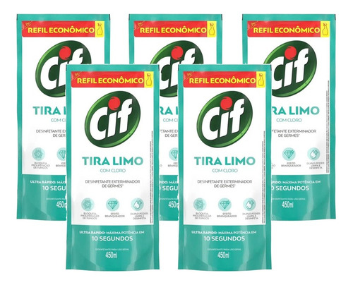 Desinfetante Uso Geral Cif Tira Limo 450ml - Refil - Kit 5