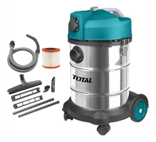 Aspiradora De Tacho Total 1400w Industrial, Seco Húmedo, Polvo Agua - Acero Inoxidable, Capacidad 30 Litros - Incluye Ruedas Y Accesorios - TVC14301