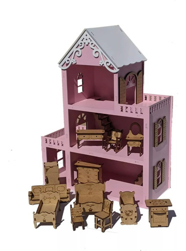 Casa Casinha De Bonecas Brinquedos Para Meninas Com Moveis Cor Rosa Bebe