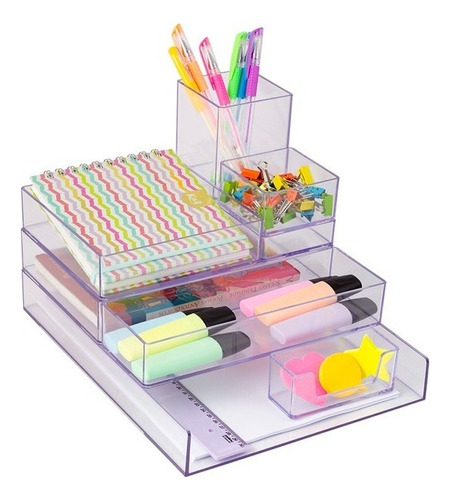 Kit Organizador Modular 08 Peças Mesa Gaveta Multiuso Waleu Cor Cristal