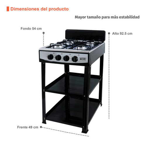 Parrilla A Gas 4 Quemadores Acero Inoxidable Con Anaquel Color Plateado