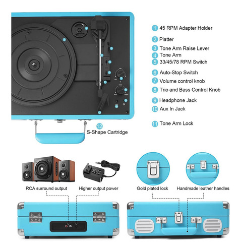 Tocadiscos Mangostan 3 Speed Bluetooth Portable
