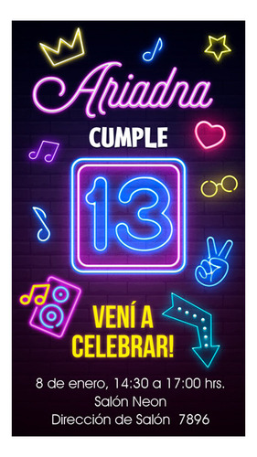 Invitación Digital Luz Neón Cumpleaños Imprimible 2 Formatos