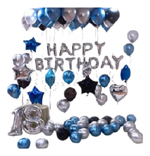 Decoración Happy Birthday Plata Azul Negra Globo Corona